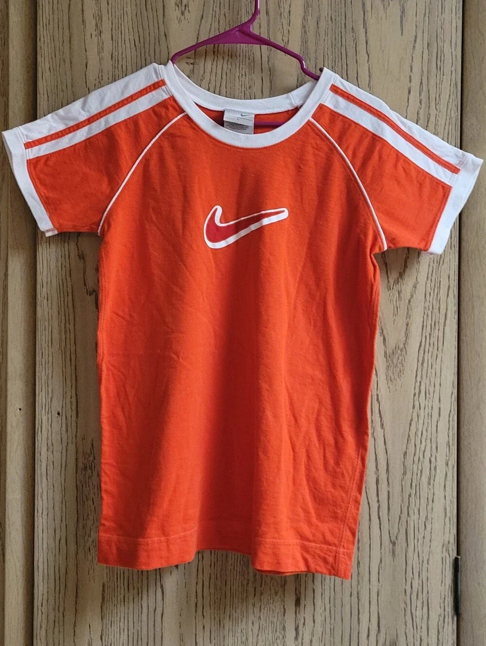 Vintage 90s NIKE Ringer T-Shirt CENTER SHWOOSH Racing Stripes Orange Adult LARGE